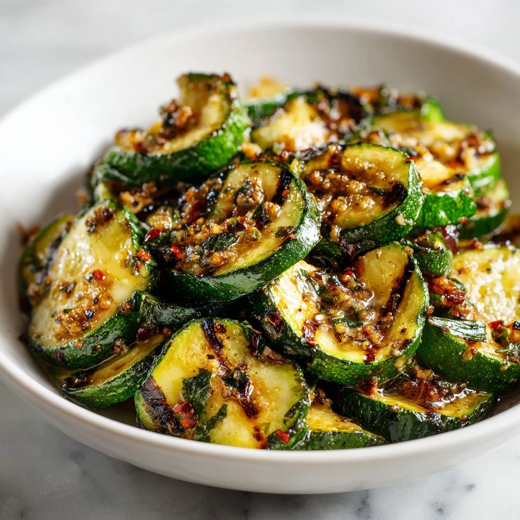 Delicious grilled zucchini seasoned with garlic and herbs on a BBQ plate.