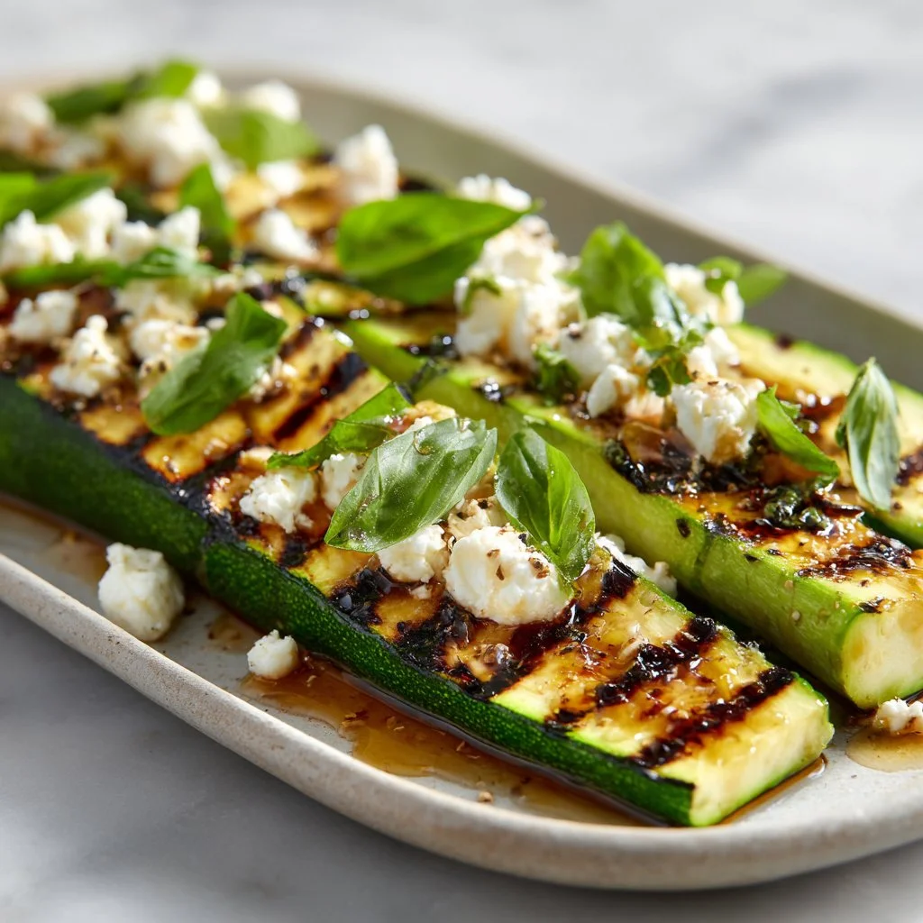 Grilled zucchini topped with goat cheese on a serving plate