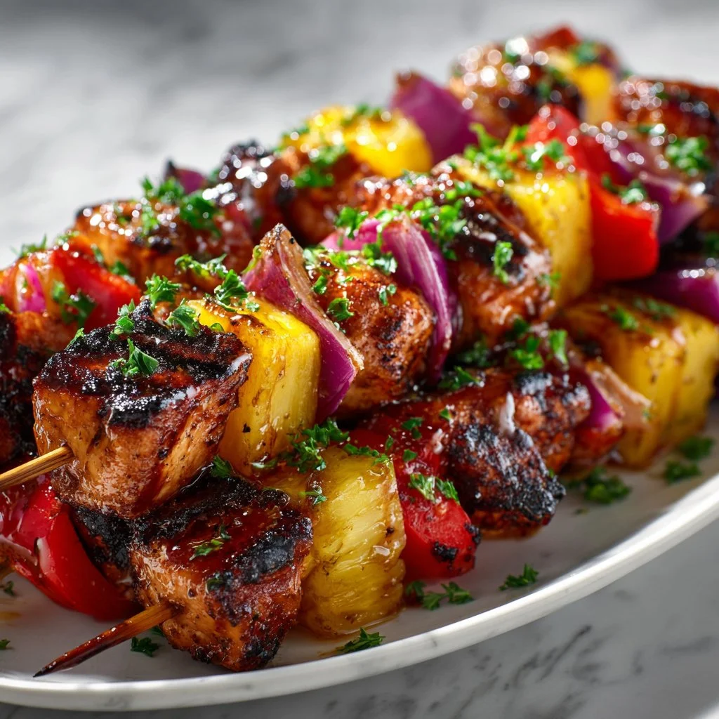 Delicious Hawaiian Chicken Kabobs grilled with tropical fruits and marinade.