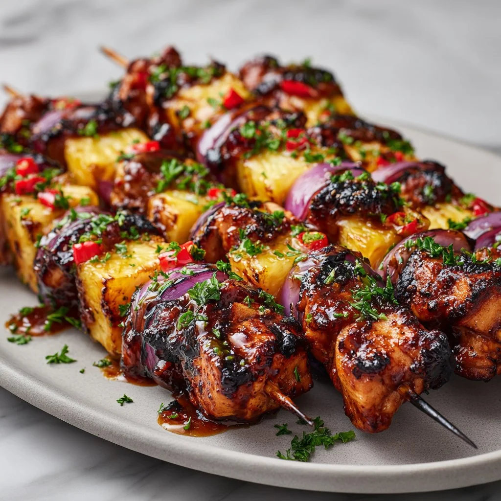 Grilled Hawaiian Chicken Kabobs with colorful vegetables on skewers