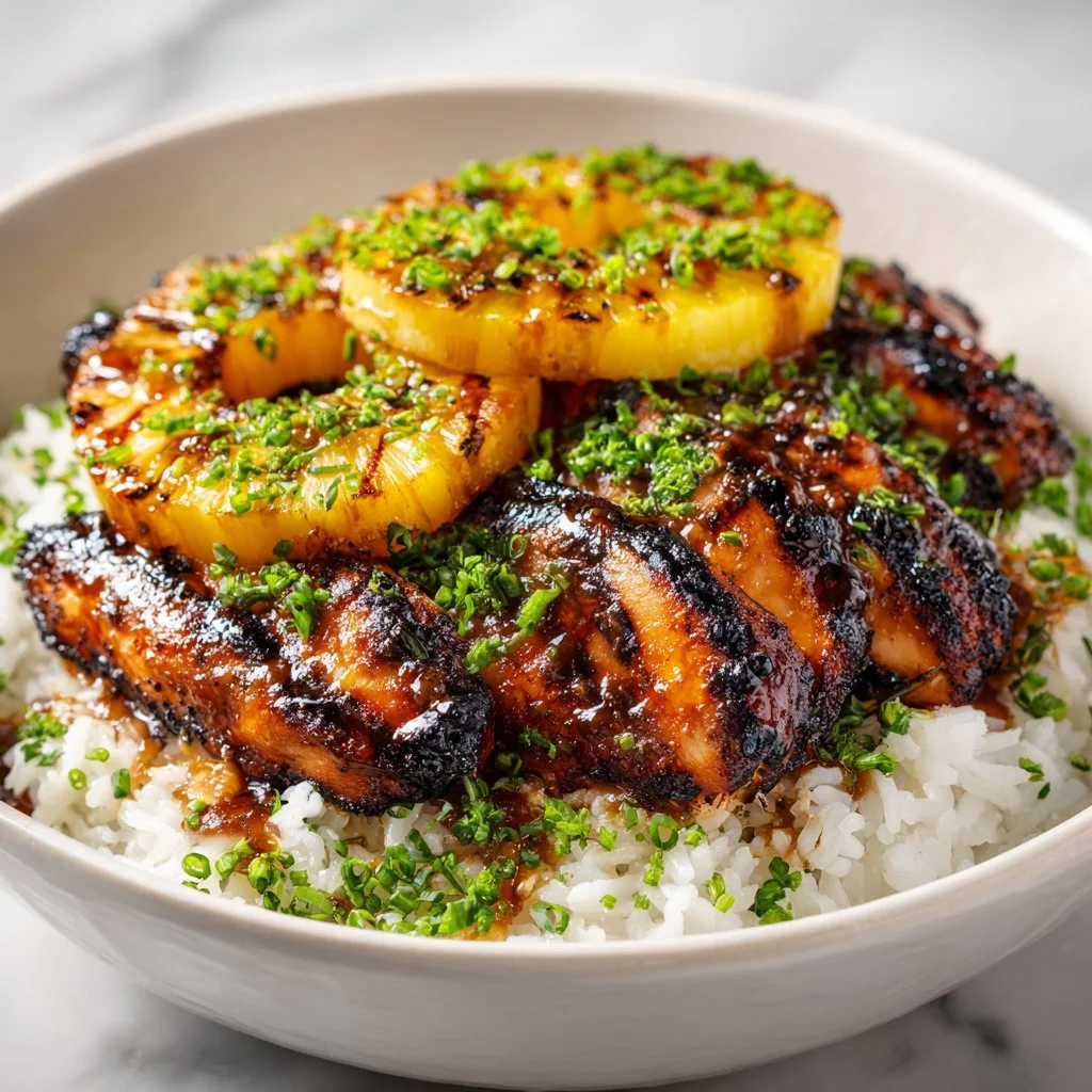 Hawaiian grilled chicken served with coconut rice on a plate