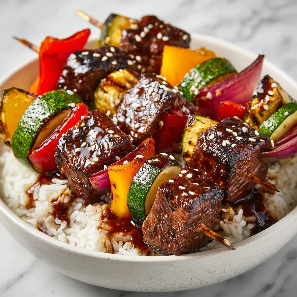 Healthy teriyaki grilled steak kabobs with colorful vegetables on skewers