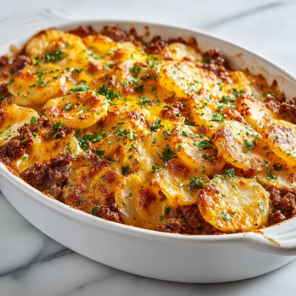 Delicious Hobo Casserole made with meat, veggies, and potatoes in a cozy dish