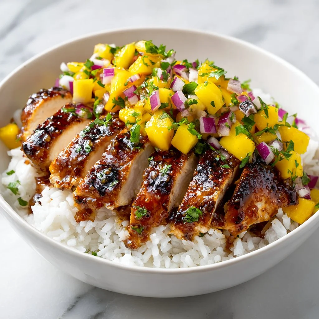 Delicious Honey Lime Chicken garnished with fresh mango salsa on a plate