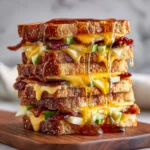Hot honey apple cheddar grilled cheese sandwich with beef and bacon
