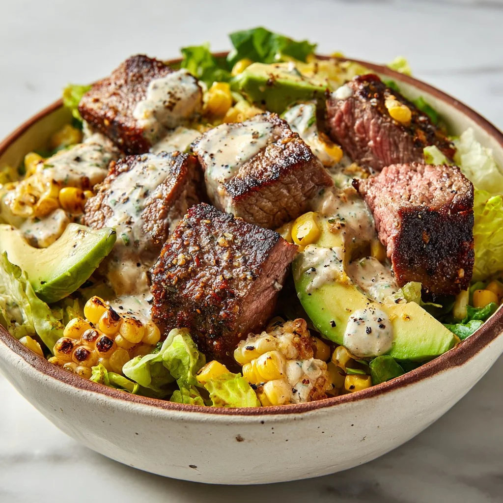 A vibrant summer steak salad topped with grilled corn and fresh vegetables.