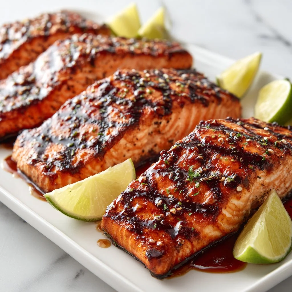 Delicious grilled salmon dish served with fresh herbs and lemon slices.