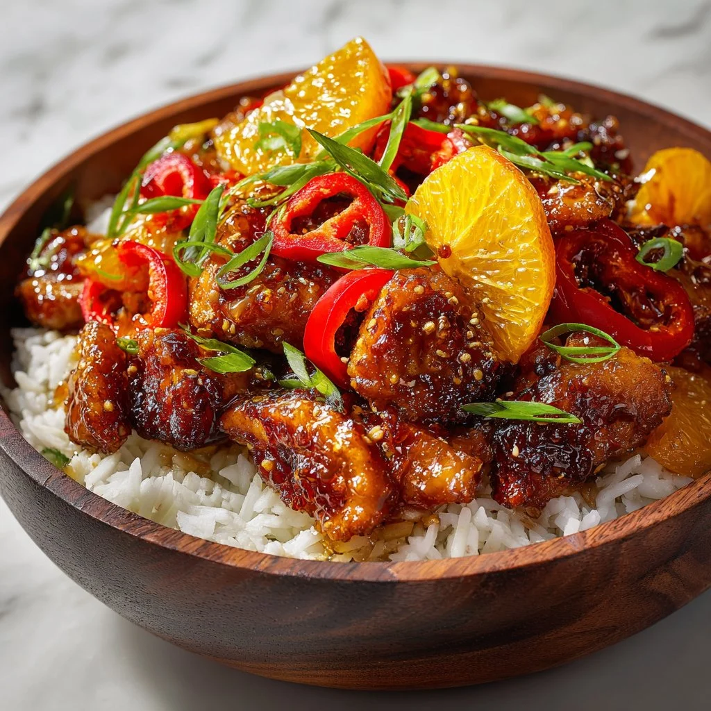 Delicious Zesty Blackstone Orange Chicken served in a skillet.